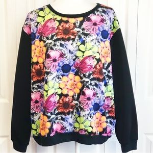 Olsenboye Black Colorful Floral Long Sleeve Pullover Sweatshirt XL